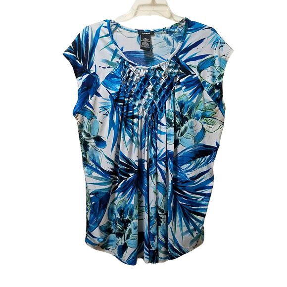 Premise Tops - Premise Blouse Women’s XXL Blue White Floral Cap Sleeve Stretch Top